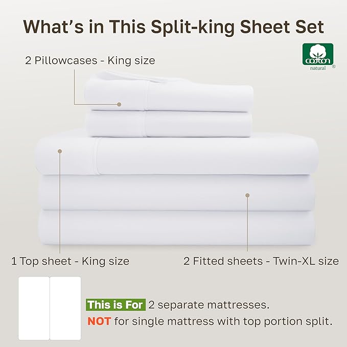 California Design Den Soft 100% Cotton Split King Sheet Set, 400 TC Good Housekeeping Award Winner, Silky Smooth Sateen Weave with Deep Pockets, Breathable and Durable Cotton Bedding Set - White