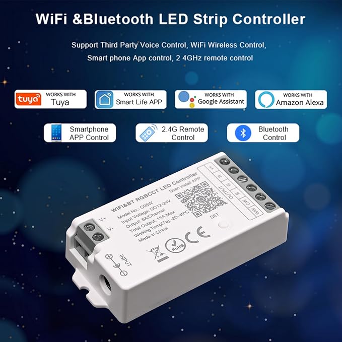 C05W RGBCCT LED Controller, Tuya WiFi 2.4G RF, 6Pin PWM for SMD FCOB Strip, APP & Voice Control, Compatible with Alexa Google Home, Compatible with WR01RF RC03RFB RC04RFB RC05RFB Remote