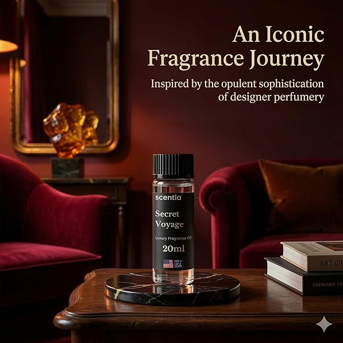 Scentia Secret Voyage Amber Fragrance Oil for Diffusers – Luxury Jasmine & Saffron Home Scent with Cedar & Ambergris – Diffuser Oil for Ultrasonic, Cold Air & Waterless Diffusers – 20 ml (0.67 fl oz)