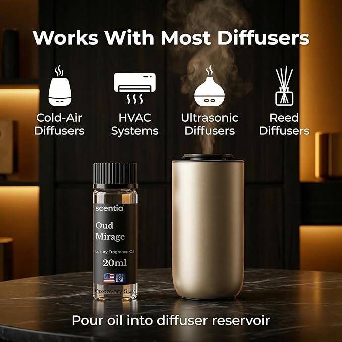 Scentia Oud Mirage Fragrance Oil for Diffusers – Luxury Spicy Woody Home Scent with Cardamom, Sandalwood, Patchouli & Tonka – Oil for Ultrasonic, Cold Air & Waterless Diffusers – 20 ml (0.67 fl oz)