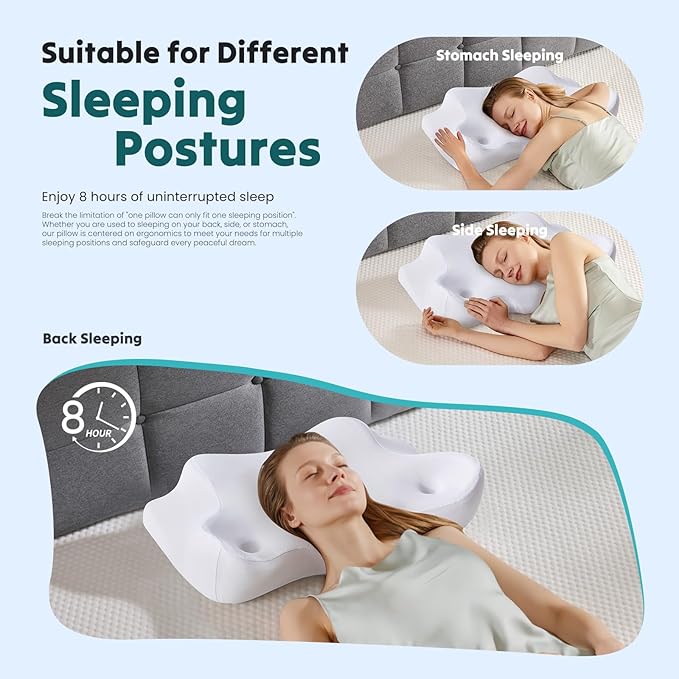 DUMOS Cervical Neck Pillow for Neck Pain Relief, Cooling Memory Foam Pillows for Sleep Apnea, Soft Side Sleeper Pillow Orthopedic Support Ergonomic Pillow for Stomach Back Stomach Sleepers, White