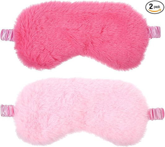 2 Pcs Plush Eye Mask, Soft Sleeping Blindfold Eye Cover Comfortable Satin Back New Faux Fur Nap Eyes Cover Cute Fluffy Furry Sleeping Blindfold for Men Women Plane, Game, Travel Nap (Pink)
