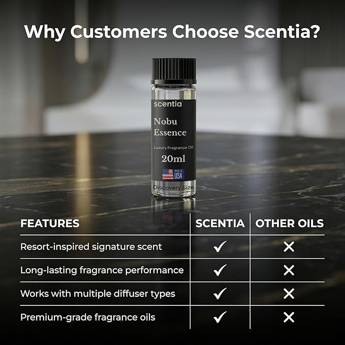 Scentia Nobu Essence Aromatherapy Oil for Diffuser – Hotel Scent Inspired by Nobu Hotel – 20 mL – Jasmine, Lily & Sandalwood Natural Fragrance Oil for Waterless & Cold Air Diffusers, Made in USA