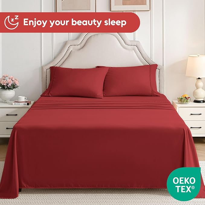 Full Size Bed Sheets Set, 4 Pieces Hotel Luxury Soft Microfiber Bed Sheets Set, Up to 16" Deep Pockets, Oeko-Tex Sheets with Elastic, Breathable, Wrinkle Free (Wine Red, Full)