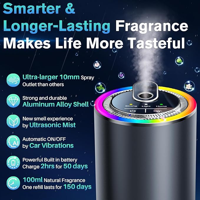 Smart Car Air Freshener Diffuser with Starry Sky Projection, 50ml/1.8OZ Perfume Car Diffuser, 6 Months Long-Lasting Fragrance, RGB Music-Sync Lights, Intelligent Auto On/Off, 3 Modes, Sauvage