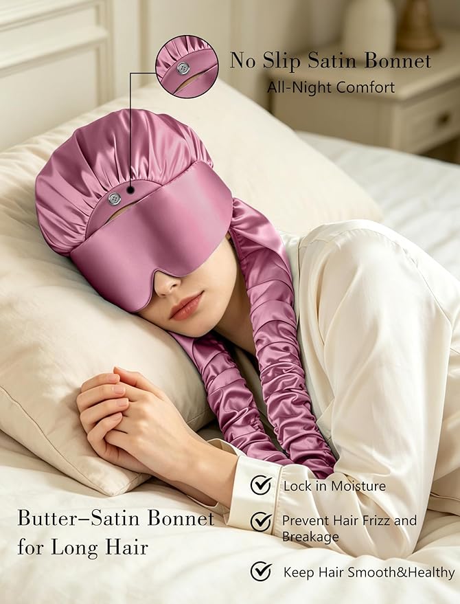 Satin Bonnet for Sleeping with Eye Mask，No Slip Sleep Bonnet with Long Curling Ribbons for Braids & Long Hair