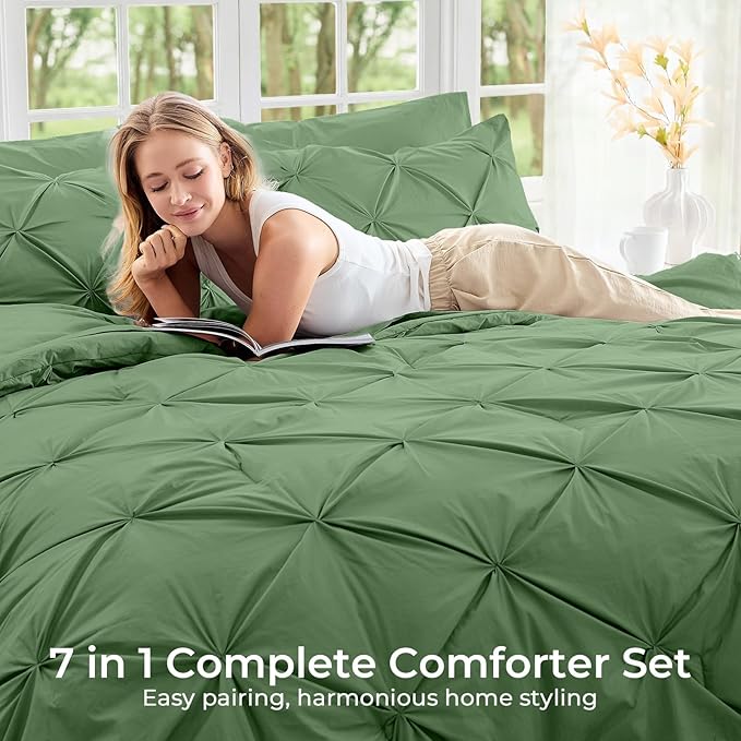 Sasttie Twin XL Comforter Set, 5-Piece Bed in a Bag, Pintuck Bedding Sets for All Season, Includes Comforter, Flat Sheet, Fitted Sheet, Pillowcase and Pillowsham, Green