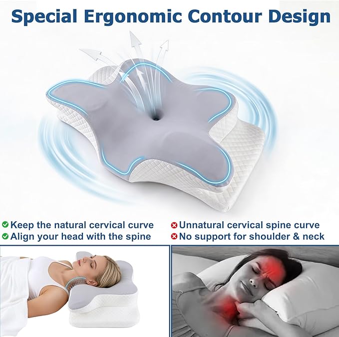 Memory Foam Neck Pillow - Adjustable Orthopedic Contour Pillow for Neck & Shoulder Support, Odorless, Side Back Stomach Sleeper Friendly, Enhanced Spinal Alignment - Light Grey