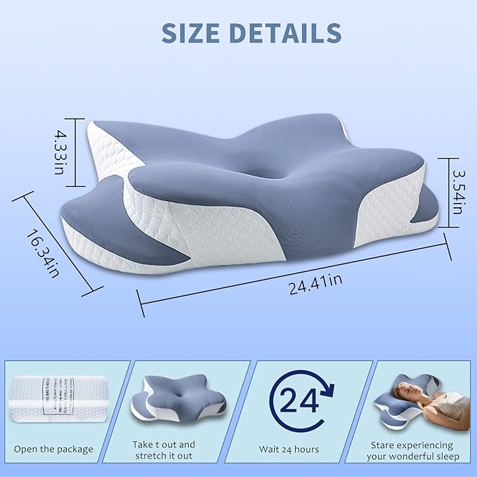 Memory Foam Cervical Pillow - Cooling Side Sleeper Pillow for Sleeping, Ergonomic Memory Foam Pillows for Neck Support, Contour Orthopedic Bed Pillow for Back Stomach Sleepers (Blue)