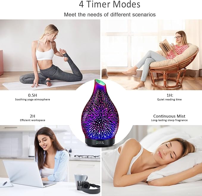 Essential Oil Diffuser 150ML -3D Firework Glass Aromatherapy Diffusers for Essential Oils with 4 Timer Setting Auto Shut-Off Silent Operation 7 Colors Lights Changing, Mothers Day for Room, Office