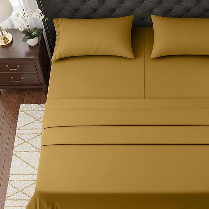 Elegant Comfort Luxurious 1500 Premium Hotel Quality Microfiber Three Line Embroidered Softest 5-Piece Bed Sheet Set, Wrinkle and Fade Resistant, Split King, Bronze