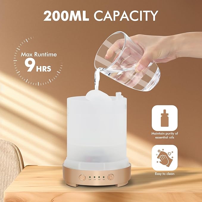 Essential Oil Diffuser 200ml-Ultrasonic Aroma Diffuser with 4 Timers, Aromatherapy Diffuser 7 Color LED Lights Auto Shut-Off Protection for Home Office (Diamond-Glass)