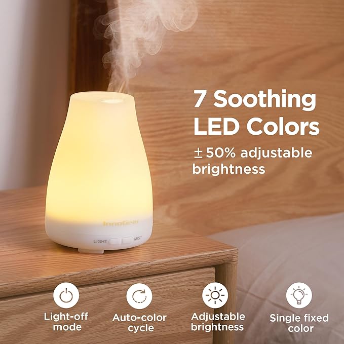 InnoGear Essential Oil Diffuser, Ultrasonic Diffusers for Home Aromatherapy Humidifier for Mother's Gift Bedroom Room 7 Colors LED 2 Mist Mode Auto Off, Basic White