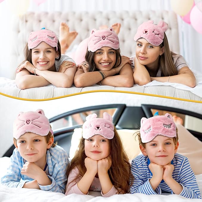 Geyoga 3 Pcs Sleep Mask for Kids, Girls Plush Sleeping Eye Cover Soft Eye Blindfold Cover Animal Shade for Kids(Pink,Bunny, Cat and Unicorn Style)