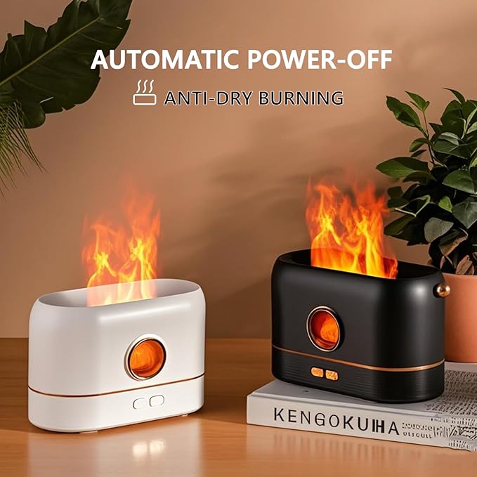 Ultrasonic Essential Oil Diffuser with Flame Effect, 200ml, Sleep Aid Humidifier, Auto Shut-Off, Night Light, Black