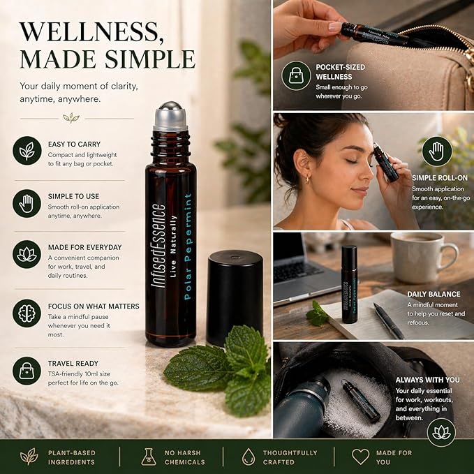 Polar Peppermint Essential Oil Roll-On 10 ml – 100% Pure & Natural Peppermint Aromatherapy Roller – Cooling Sensation for Focus, Relaxation & Daily Wellness