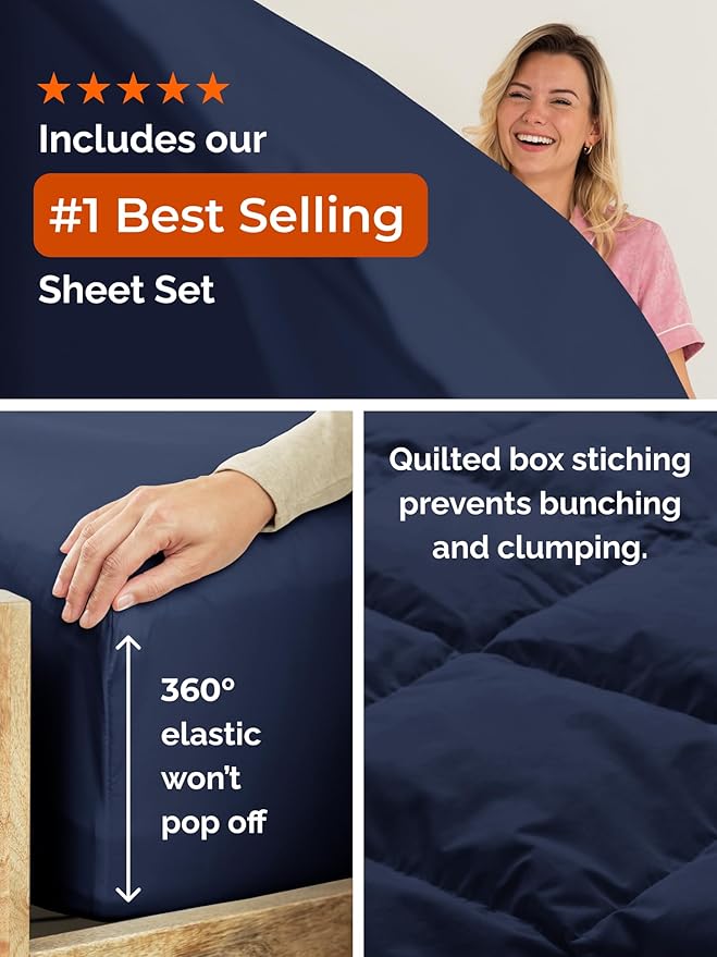 King Comforter Set - 7 Piece Bed in a Bag King Size Bed Set - Down Alternative Comforter, Flat Sheet, Fitted Sheet, Pillowcase & Shams for All Seasons - Ultra Soft, Comfy and Breathable - Navy Blue