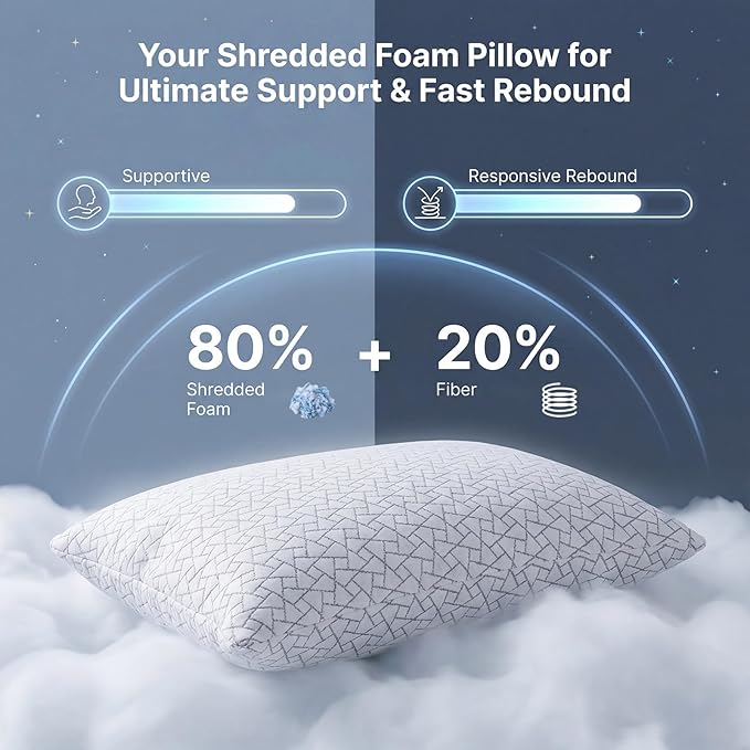 Meoflaw Adjustable Memory Foam Pillows: 2 Pack King Size Shredded Foam Bed Pillow for Sleeping with Removable & Washable Pillowcase for All Sleep Positions
