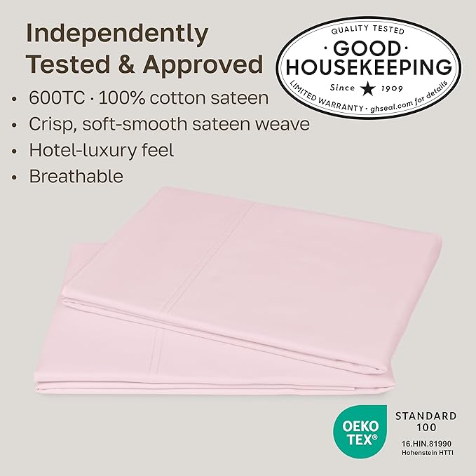 Luxuriously Soft Premium 600 Thread Count, 100% Cotton Set of 2 Cases, Crisp Blush Standard Pillowcases Fits Standard & Queen Pillows (Pink)