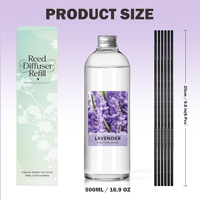 SCENTORINI Reed Diffuser Oil Refill, 16.9oz Natural Lavender Scented Essential Oil with 6 Sticks, Long Lasting Home Fragrance for Large Space, Bathroom, Spa Room Aromatherapy, Hotel & Office Decor