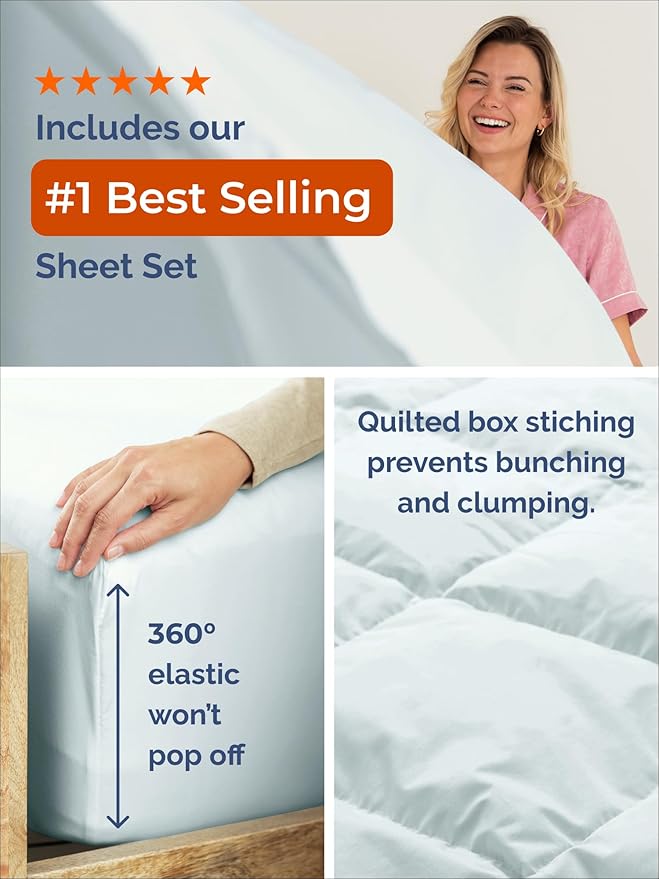 King Comforter Set - 3 Piece Bed Set for All Seasons - 1 Soft Quilted Comforter w/ Corner Tabs & 2 Pillow Shams - Comfy, Cozy & Breathable - Premium Down Duvet Insert - Oeko-TEX - King Size, Ice Blue