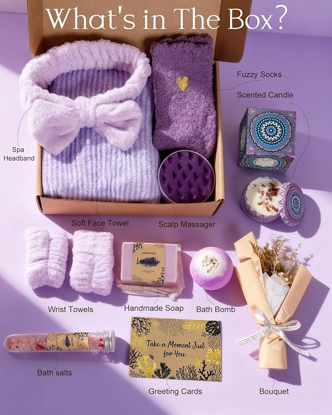 Lavender Spa Gift Baskets - Mothers Day Gifts Natural Pampering Spa Set, Self-Care Get Well Soon Basket,Thank You Gifts, Unique 11pcs Gift Set for Women Wife Mom Her Birthday
