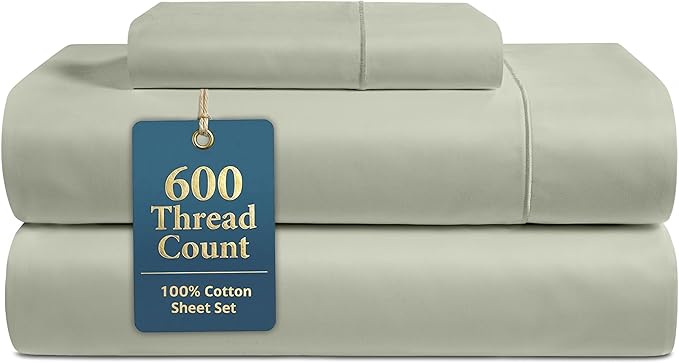 LANE LINEN 100% Cotton Twin XL Sheets Set - 600 Thread Count Premium Sateen Weave for Silky Feel On Skin - Breathable & Cooling Sheets for College Dorms & Single Beds - Oeko Tex Certified - Mineral