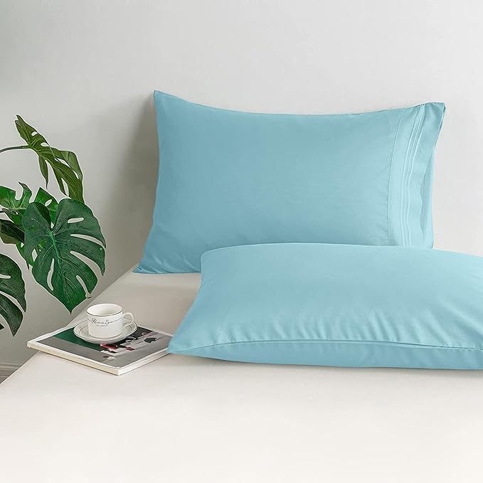 Mocassi 2-Piece Premium King Pillowcase Set 1800 Series Hotel Quality Microfiber - Soft and Breathable with 3-Line Embroidery Wrinkle and Stain Resistant, Easy Care, 20" x 40", Aqua Blue