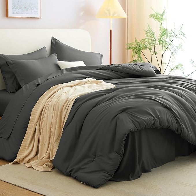 CozyLux Twin Comforter Set Dark Grey, 5 Pieces Bed in a Bag Twin Comforter Set with Sheets, Dark Gray Bed Sets with Down Alternative Comforter, Fitted Sheet, Flat Sheet, Pillow Sham and Pillowcase
