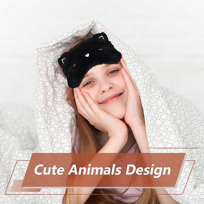 Cute Cat Sleeping Mask Eye Mask Funny Animal Kitten Sleep Mask Soft Plush Blindfold Travel Eye Cover Eyeshade for Kids Adults Girls Boys Women Men (Cat, Black)