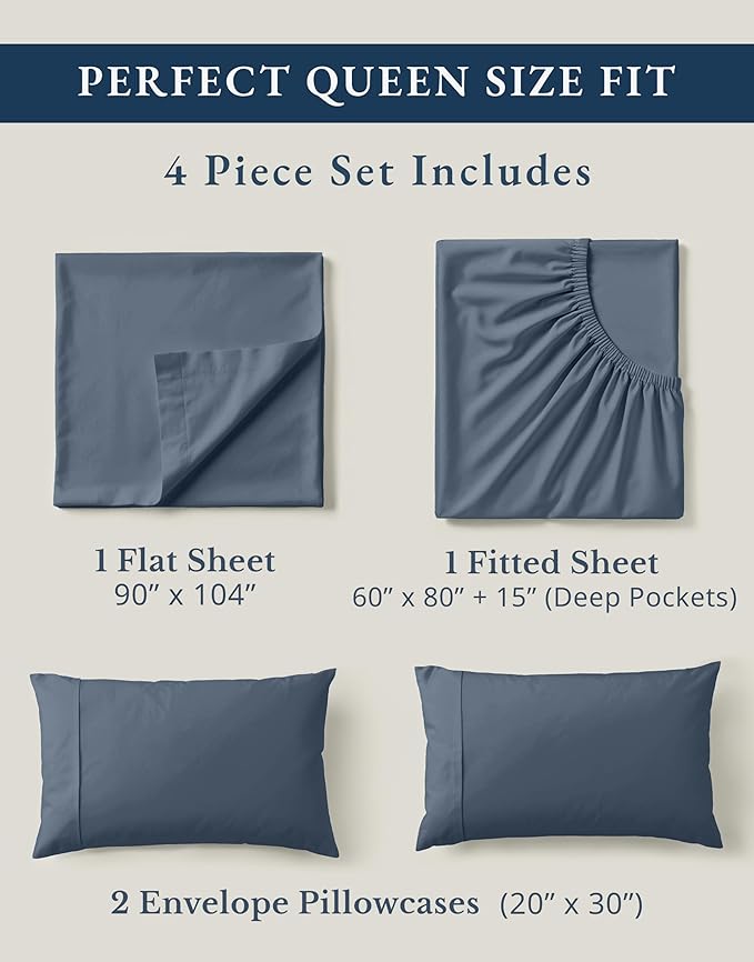 LANE LINEN 100% Organic Cotton Queen Sheets Set, Fully Elasticized Machine Washable Mercerized Cotton Soft & Comfy Low Pill Fade Resistant Sheets Queen Size Set, Classic Percale Weave- Estate Blue