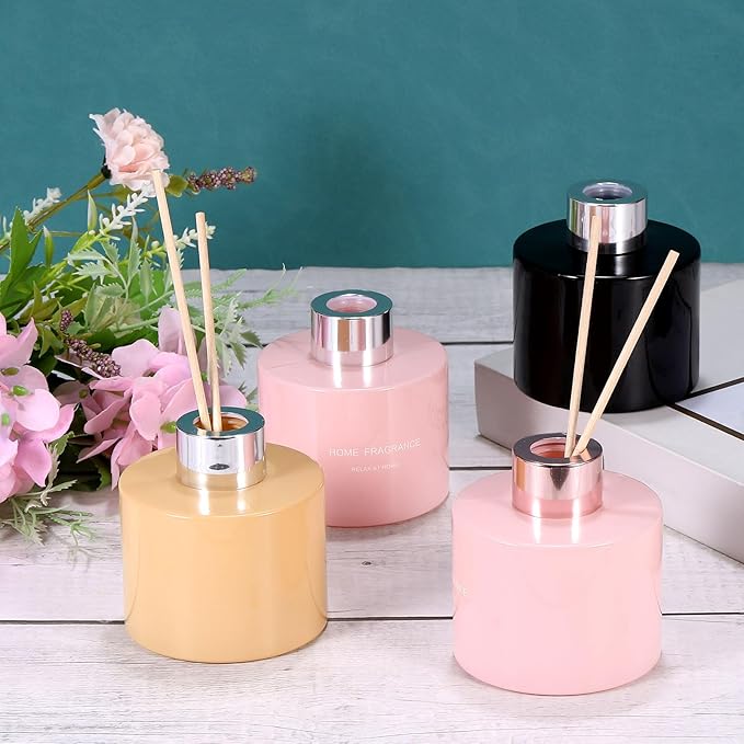 HARFINGTON 4pcs Empty Glass Diffuser Bottle 140ml/4.7oz Refillable Fragrance Accessories Aromatherapy Jar Container for Replacement Reed Diffuser DIY Home Bathroom Pink with Gold Tone Cap