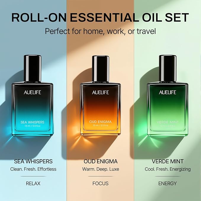 3 x 15ml Perfume Oil Set, Roll-On Essential Oil Set, Fragrance Rollerball Oil Gift Set for Him with Sea Whispers, Oud Enigma & Mint Scent, Travel Perfume Oils for Men, Father's Day & Birthday Gift