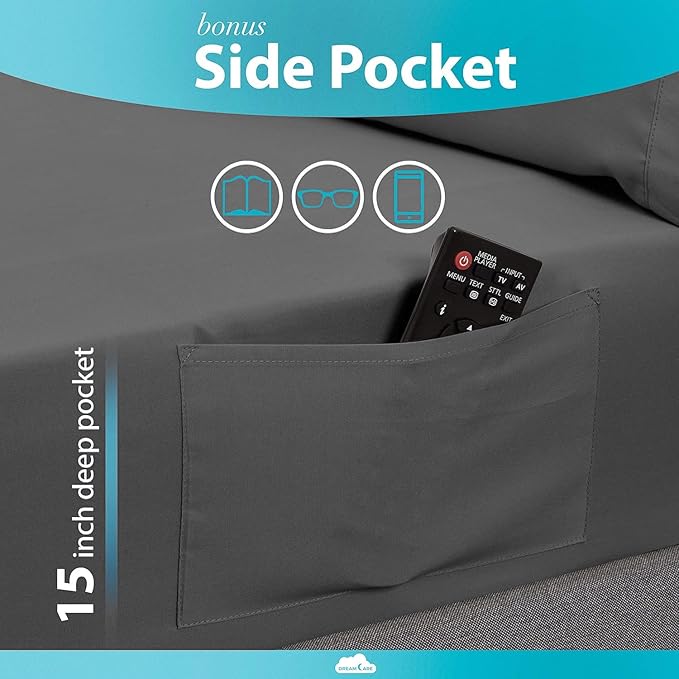 DREAMCARE Twin XL Sheet Sets - 3 pcs Breathable Cooling Bed Sheets - up to 21" Extra Deep Pocket Twin XL Sheets Set with Side Pockets - Extra Soft 100% Brushed Hypoallergenic Hotel Luxury - Dark Gray