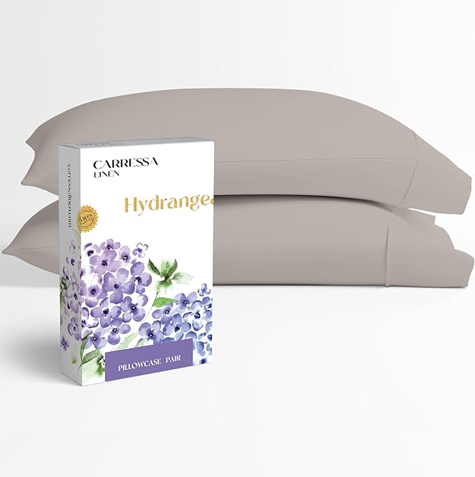 Carressa Linen 100% Egyptian Cotton King Size Pillow Cases Set of 2 - Luxury 600 Series Hydrangeas Collection King Pillowcases (Taupe), Soft Cooling, Sateen Weave Hotel Quality Bed Pillow Cover