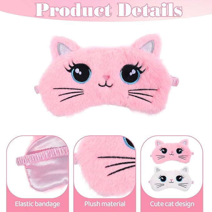 Kids Sleep Mask, 2 Pcs Cute Cat Sleeping Eye Mask Soft Plush Girls Sleep Masks Comfortable Funny Animal Night Eye Masks for Sleeping Blindfold Eye-Cover for Women Girls Home Travel (Pink, White)