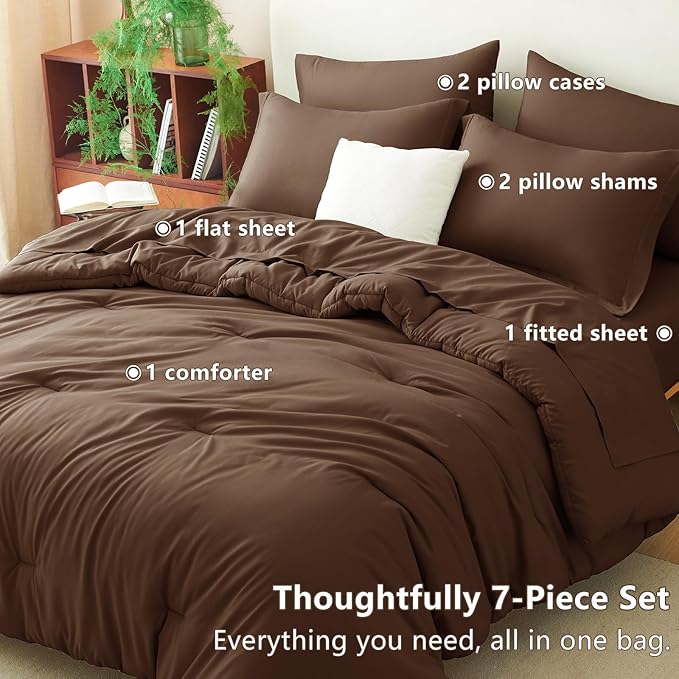 CozyLux Queen Comforter Set Brown, 7 Pieces Bed in a Bag Queen Comforter Set with Sheets, Luxury Soft Bedding Sets with Down Alternative Comforter, Fitted Sheet, Flat Sheet, Pillowcases & Shams