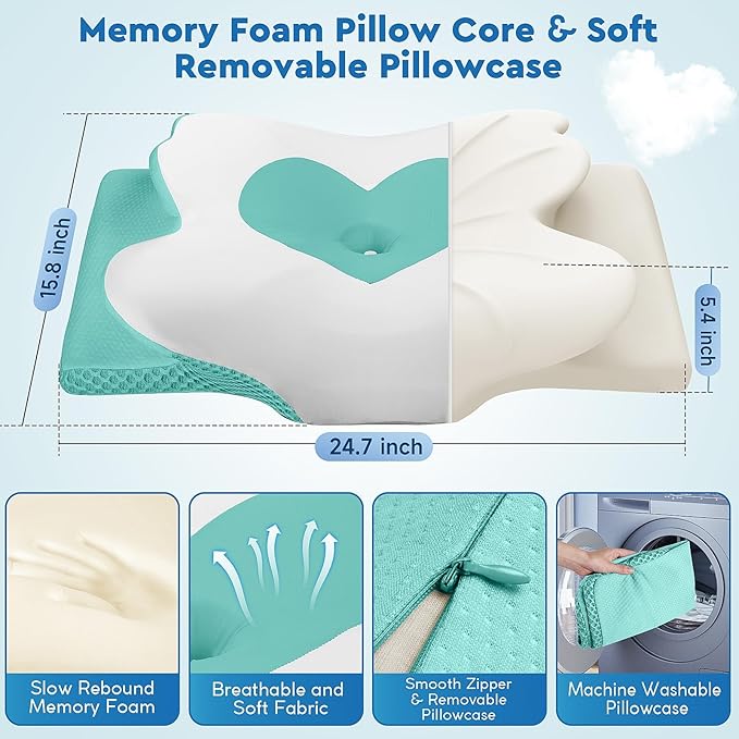 CushZone Cervical Neck Pillow, Memory Foam Neck Support Pillows for Sleeping, Shoulder Pillow for Side Sleepers, Back Stomach Sleepers, CertiPUR-US Certified, Queen Size, Green
