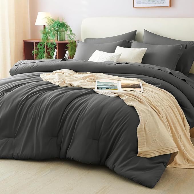 CozyLux King Size Comforter Set Dark Grey, 7 Pieces Bed in a Bag King Comforter Set with Sheets, Dark Gray Luxury Soft Bedding Sets with Down Alternative Comforter, Sheets, Pillowcases & Shams