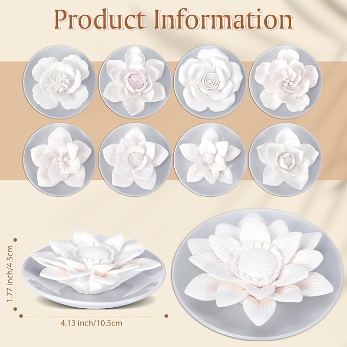 Bokon 9 Pcs Passive Essential Oil Diffuser Flower Style Non Electric Porcelain Aromatherapy Diffusers for Gifts Room Decorative(White)