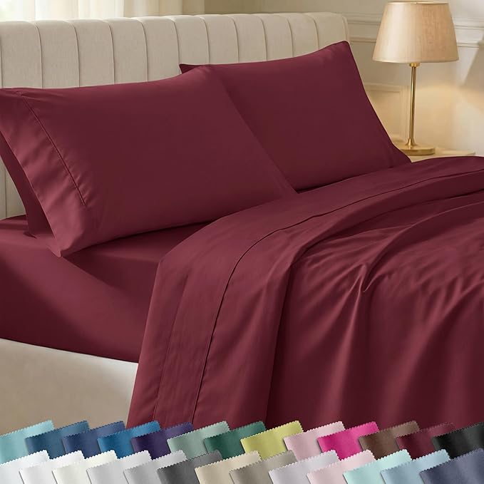 California Design Den Soft 100% Cotton Twin XL Bed Sheets Set, 400 Thread Count Good Housekeeping Award Winner, Silky Smooth Sateen Weave, Refined Twin XL Bed Sheet Set - Burgundy Red