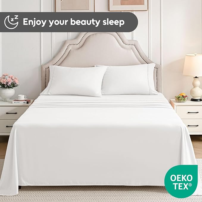 Twin Sheets Set, 3 Pieces Hotel Luxury Soft Microfiber Bed Sheets Set, Up to 16" Deep Pockets, Oeko-Tex Sheets with Elastic, Breathable, Wrinkle Free(White,Twin)