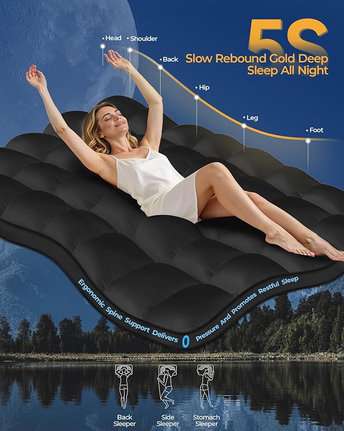 Queen Mattress Topper, Extra Thick Mattress Pad Cover for Deep Sleep,3D+7D Snow Down Alternative Fill Overfilled Plush Pillow Top Mattress with 8-23 Inch Deep Pocket-Black