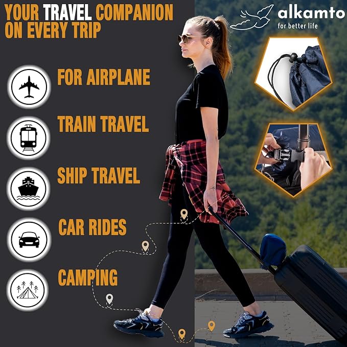 alkamto Travel & Camping Comfortable Memory Foam Pillow – Easy to Carry Portable Bag – Temperature Regulating Pillow Case