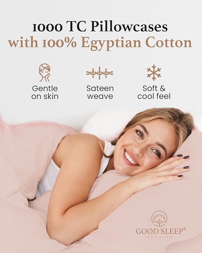 1000 TC Blush Standard Pillowcases Set of 4 100% Egyptian Cotton Pillow Cases with Long Staple Cotton & Sateen Weave, Silky Soft Hotel - Like Bed Pillow Covers for Comfy Sleeping, Snug Fit