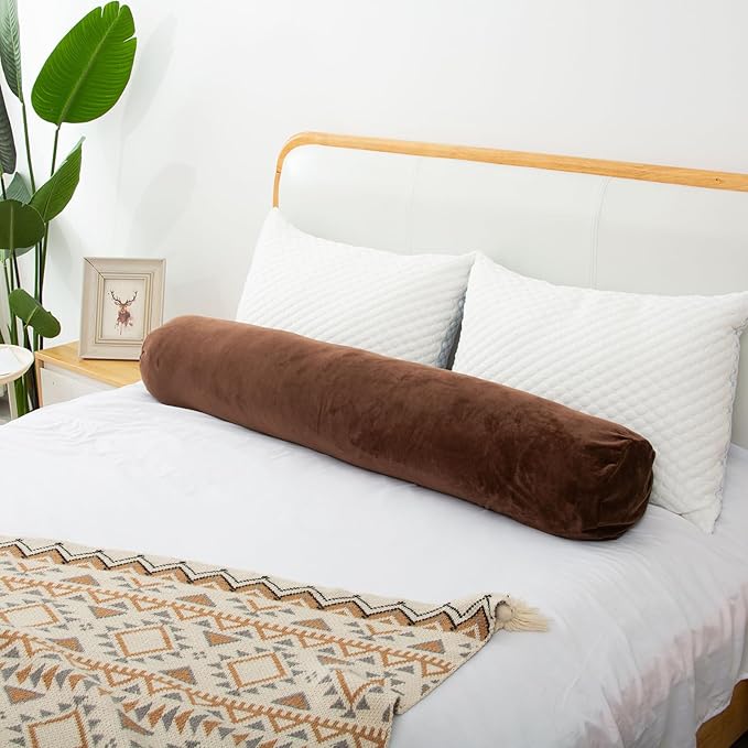1 MIDDLE ONE Round Body Pillow for Adults, Long Bolster Pillow for Bed with Removable Velvet Cover, Decorative Tube Roll Cylinder Pillow, 35 x 7.87 Inch, Coffee