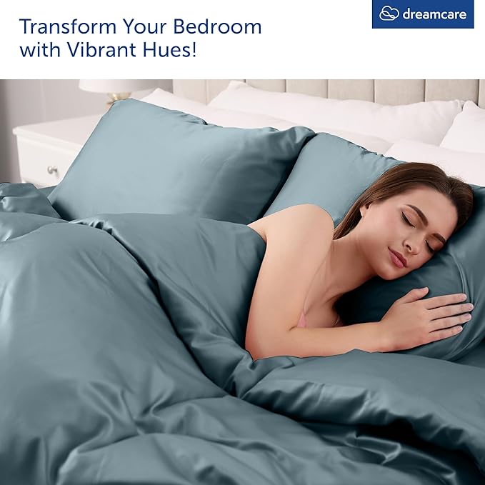 DREAMCARE Queen Sheet Set - 6 pcs Breathable Cooling Bed Sheets - up to 21" Extra Deep Pocket Queen Sheets Set with Side Pockets - Extra Soft 100% Brushed Hypoallergenic Hotel Luxury Bedding Mnrl Blue
