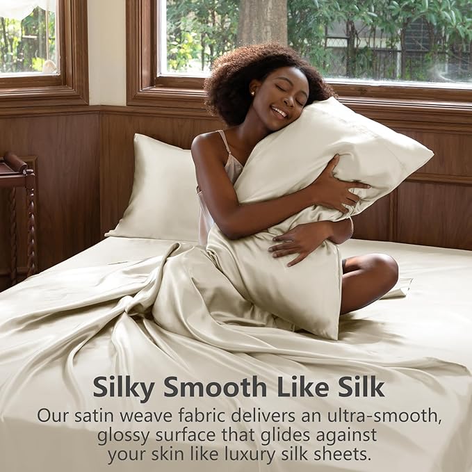 CozyLux Satin Sheets Queen Size Bed Set - 6 Piece Silky Queen Sheet Set, Luxury Beige Queen Sheets with Smooth and Soft Microfiber, Includes 1 Fitted Sheet, 1 Flat Sheet and 4 Pillowcases