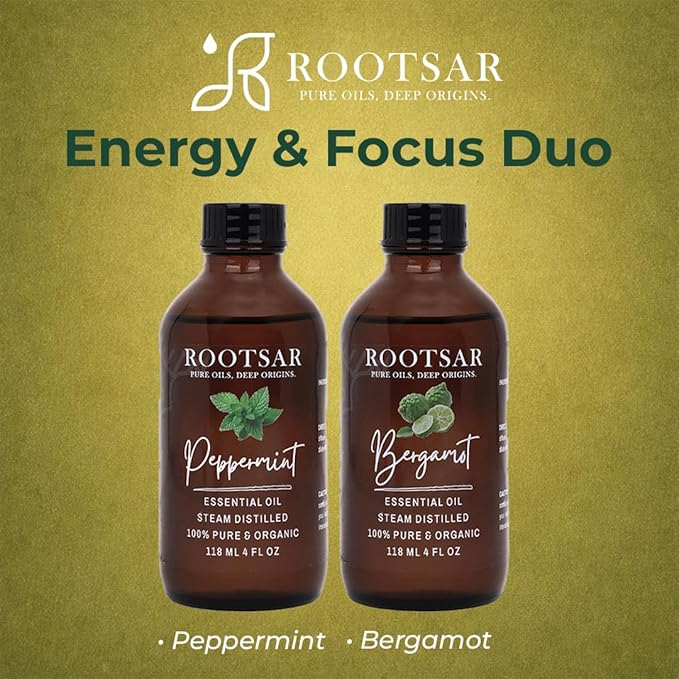 Peppermint & Bergamot Essential Oils Set – 100% Pure & Natural Aromatherapy Diffuser Oils for Focus, Energy, Stress Relief & Mood Support – Premium Uplifting Duo, 4 FL OZ / 118 ML