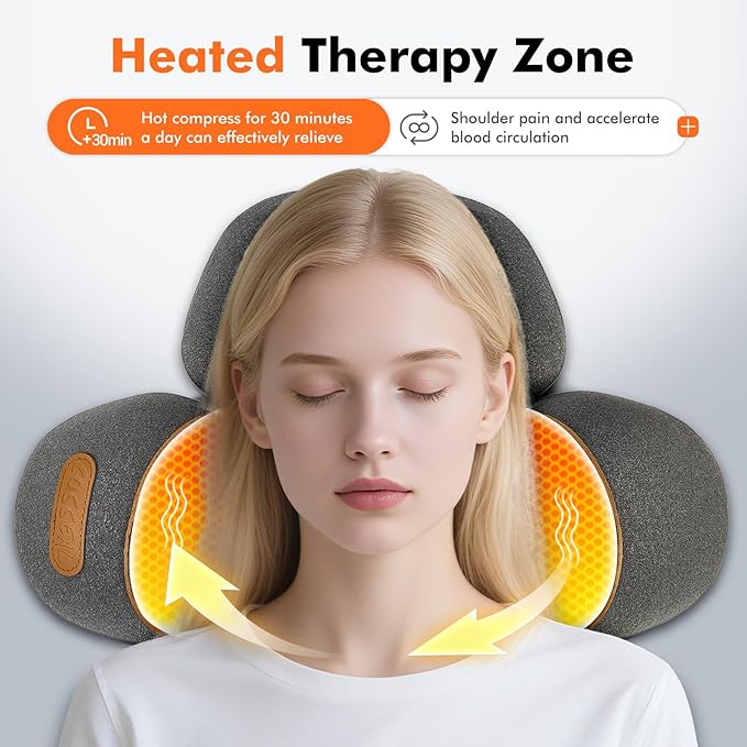Cordless Electric Neck Massager Pillow for Pain Relief Deep Tissue, 3-in-1 Rechargeable Neck Cervical Traction Device with Heat, Massage, Electric Stretch, Ergonomic Neck Shoulder Relaxer